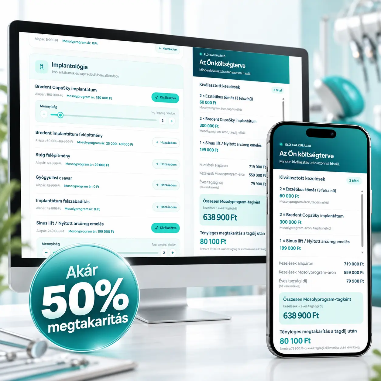A Mosolyprogram online fogászati kalkulátorának bemutató képe